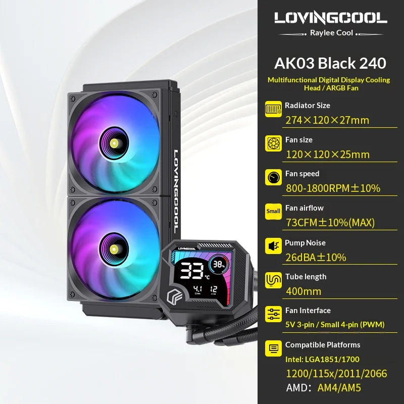 Watercooling CPU ARGB LOVINGCOOL AK – Écran Dynamique (240/360 mm)
