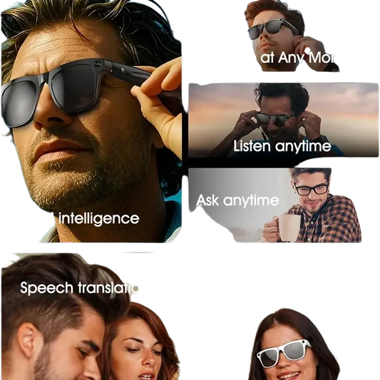 Homme et femme portant des lunettes connectées, fonctionnalités AI, capture, écoute, traduction vocale, assistant vocal