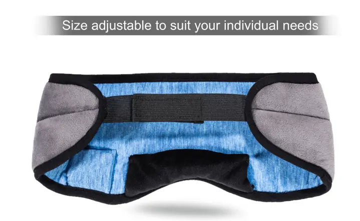 Ceinture de soutien lombaire bleu-gris ajustable avec sangle élastique noire pour masque oculaire.