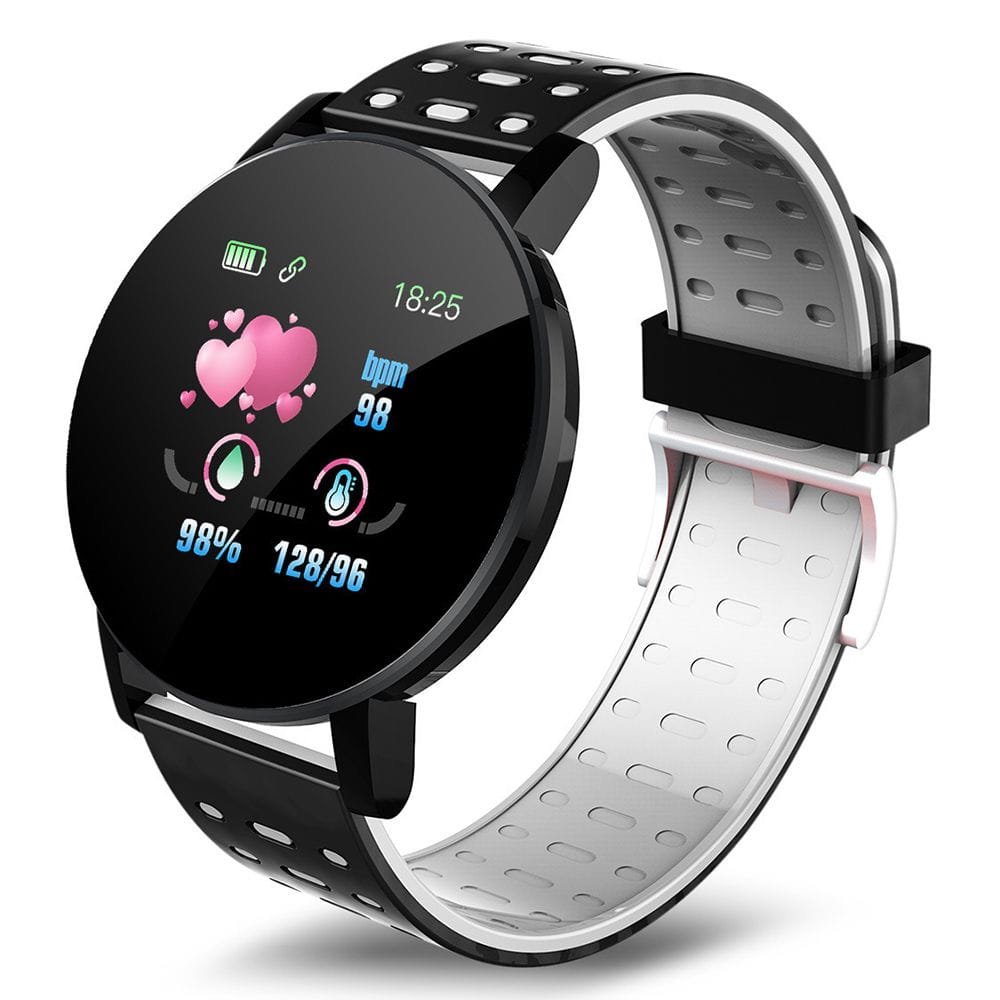 Montre connectée Bluetooth sport noire et blanche perforée, écran tactile rond affichant rythme cardiaque, niveau batterie et heure.