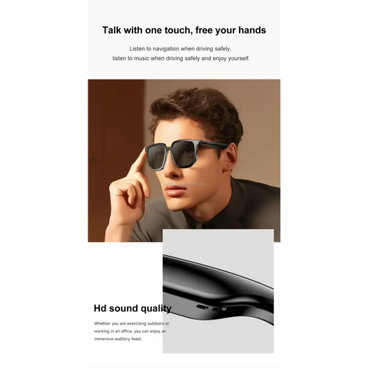 Homme portant des lunettes connectées noires avec contrôle tactile pour conduite et son HD