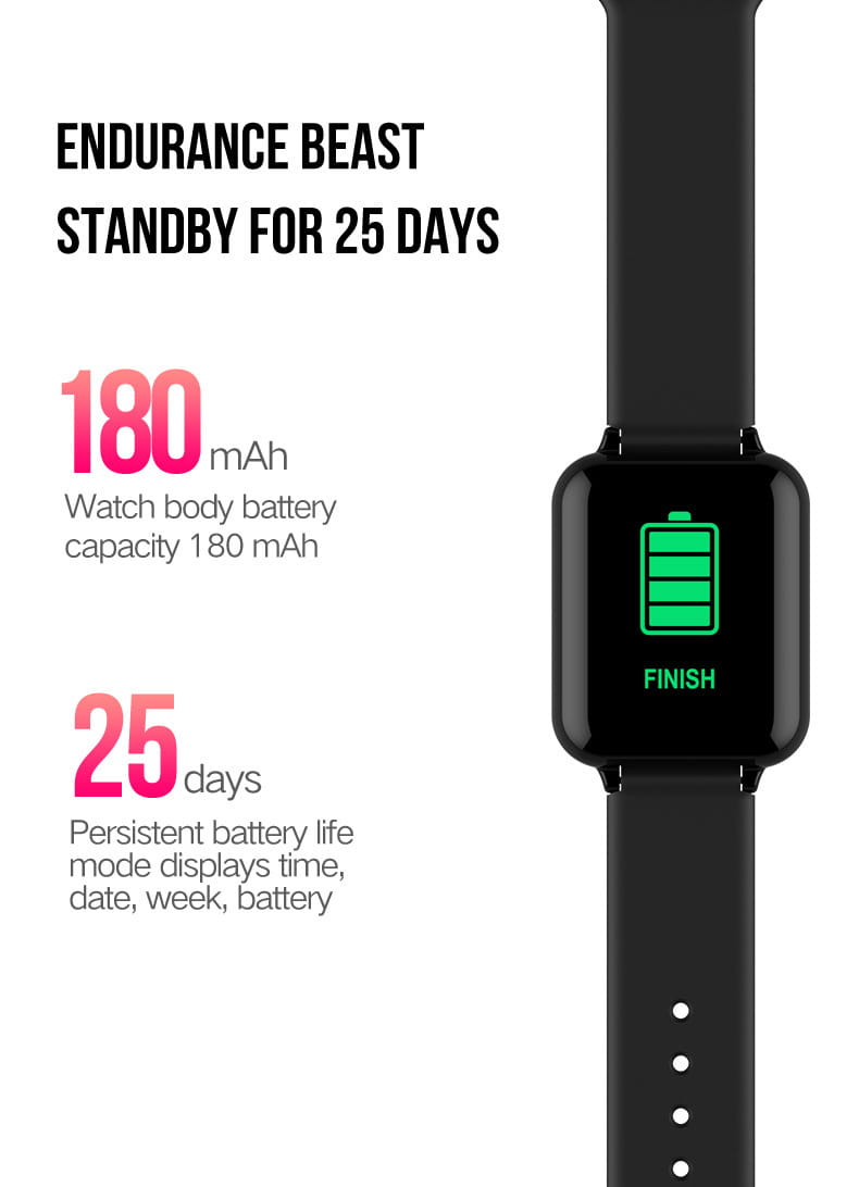 Montre connectée noire compatible avec Apple, écran couleur B57, icône batterie verte