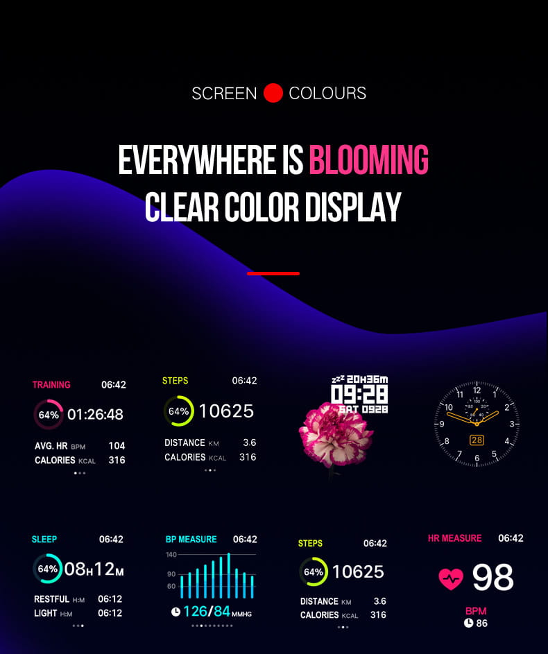 Écran vibrant de montre connectée B57 compatible avec Apple, affichage métriques couleur et fleur en bloom, rythme cardiaque.