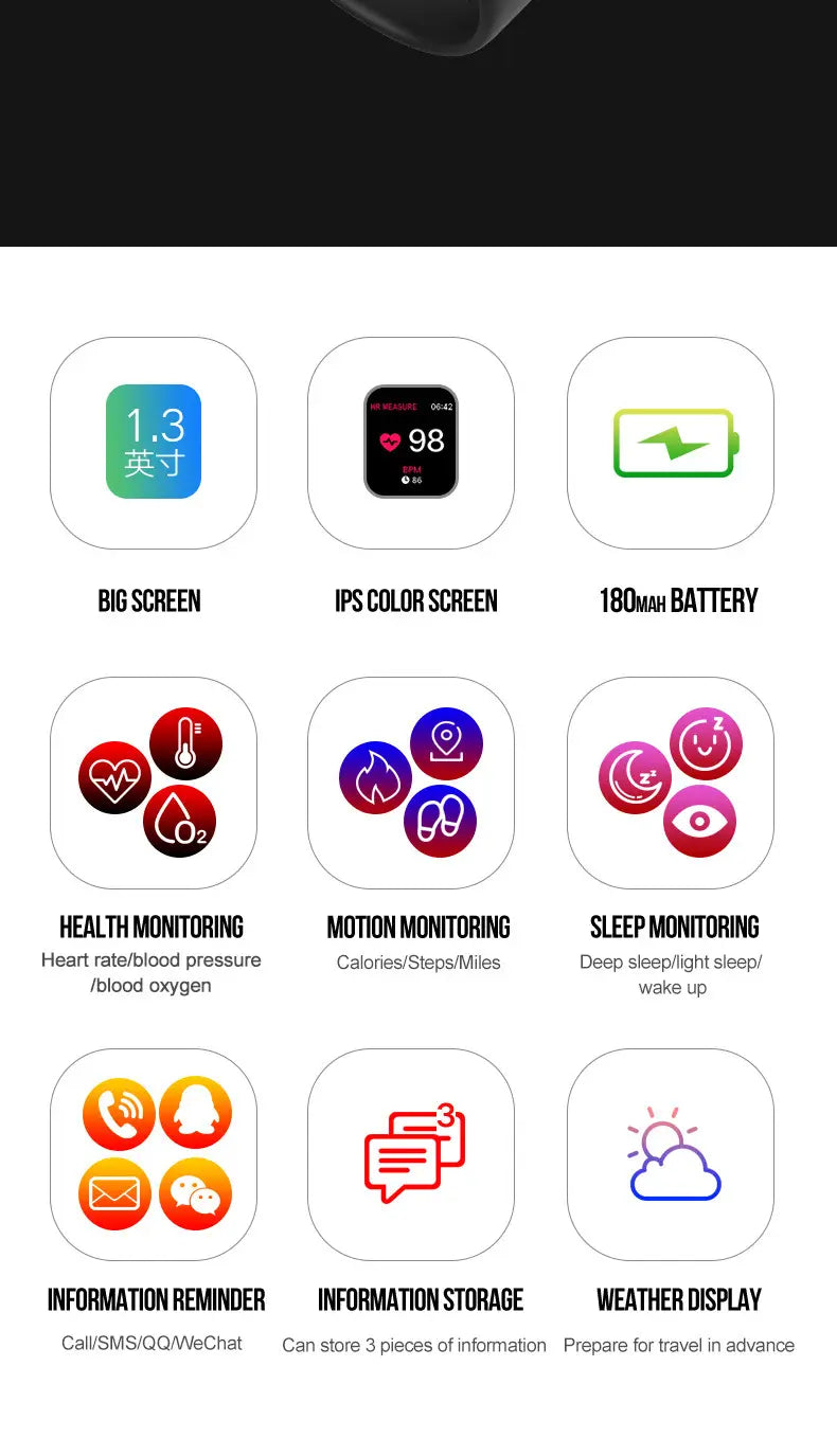 Montre connectée B57 noire compatible avec Apple, écran IPS 1.3 pouces, batterie 180mAh