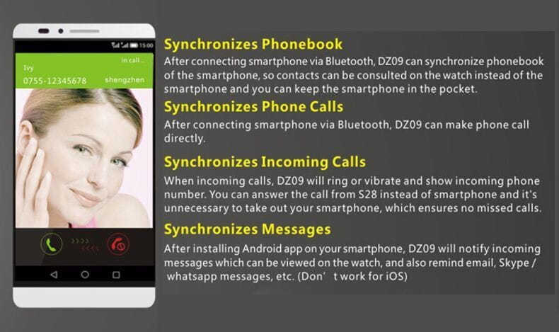 Montre connectée Sports Smart Watch DZ09 avec interface appel mobile phone et SIM.