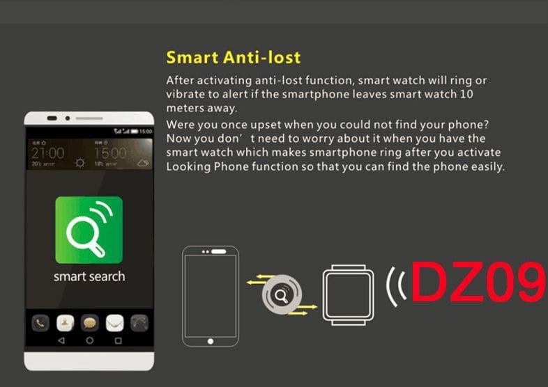 Montre Sports Smart Watch DZ09 avec téléphone mobile blanc et icône app recherche intelligente verte sur l’écran, sim pour la montre.