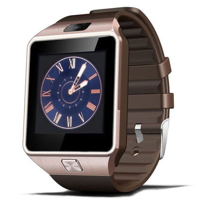 Montre connectée Sports DZ09 rose or avec SIM, cadran carré chiffres romains, bracelet silicone marron foncé, fond bleu