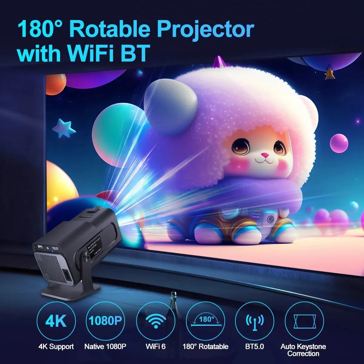 Petit projecteur 4K sans fil intelligent 5G noir rotatif 180° WiFi BT