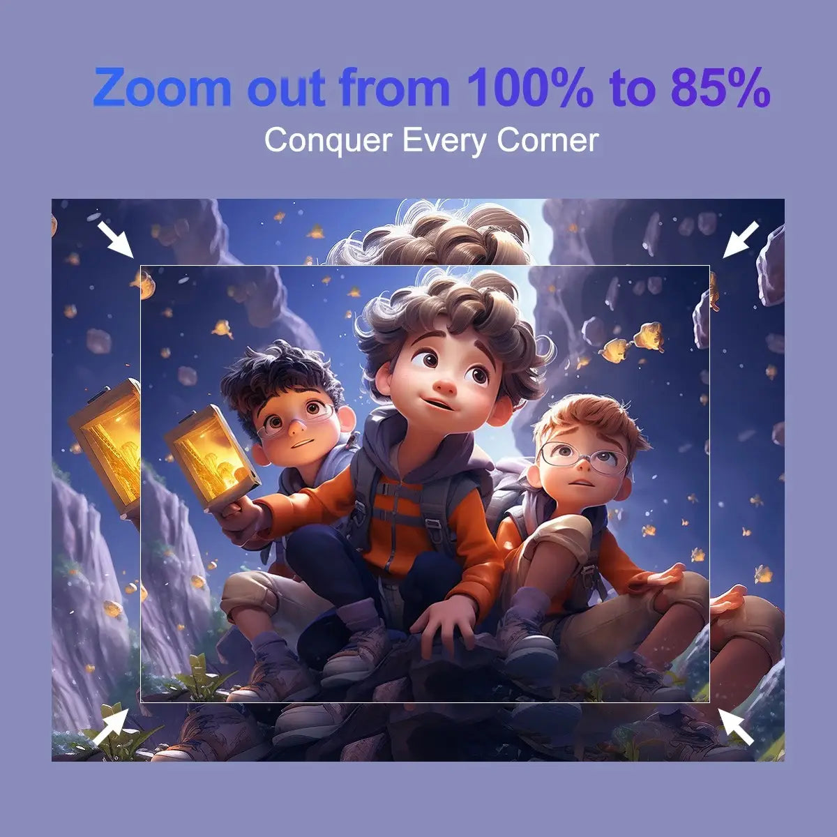 Illustration d’enfants animés sous ciel étoilé avec petit projecteur 4K sans fil