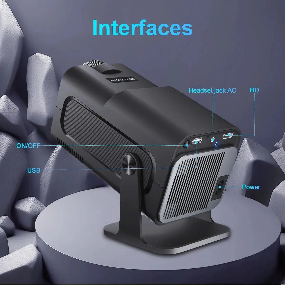 Petit projecteur 4K sans fil noir mat compact avec ports connectivité