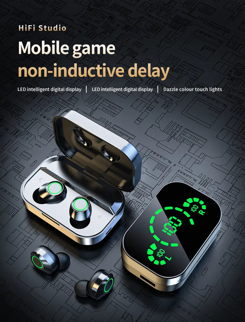 Écouteurs TWS large écran YD03, étui chargeur LED lumière douce verte