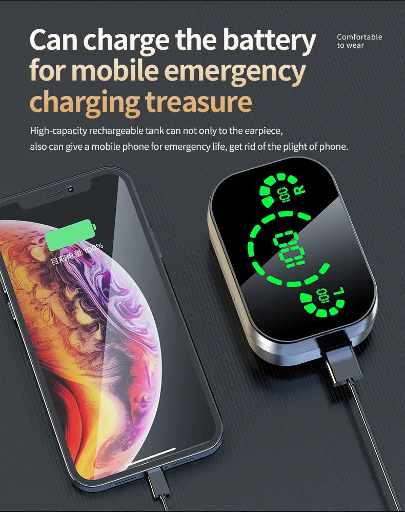 Chargeur d’urgence numérique noir et argent avec affichage LED vert pour YD03 TWS large écran.