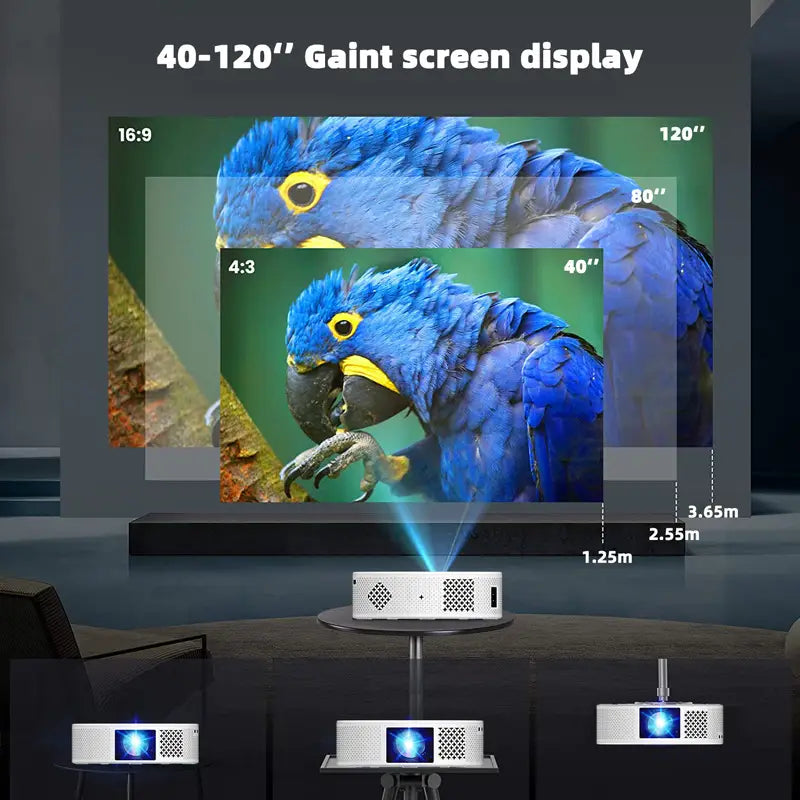 Projecteur portable blanc compact avec grilles de ventilation et source lumineuse bleue