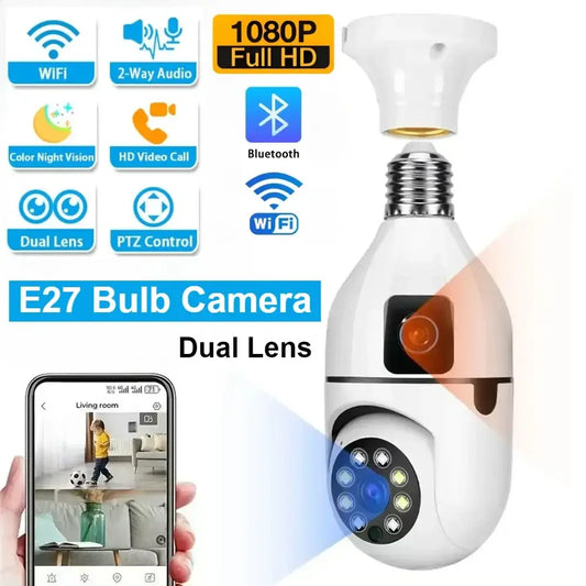 2MP double objectif E27 ampoule caméra Wifi PTZ suivi automatique Vision nocturne sans fil Cctv Audio bidirectionnel