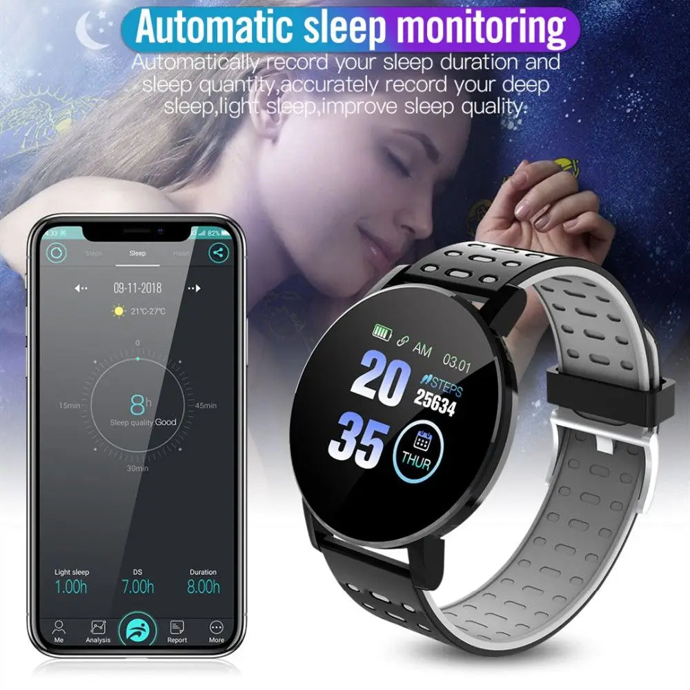 Montre connectée Bluetooth noire et grise perforée avec affichage circulaire digital montrant heure, pas et date.