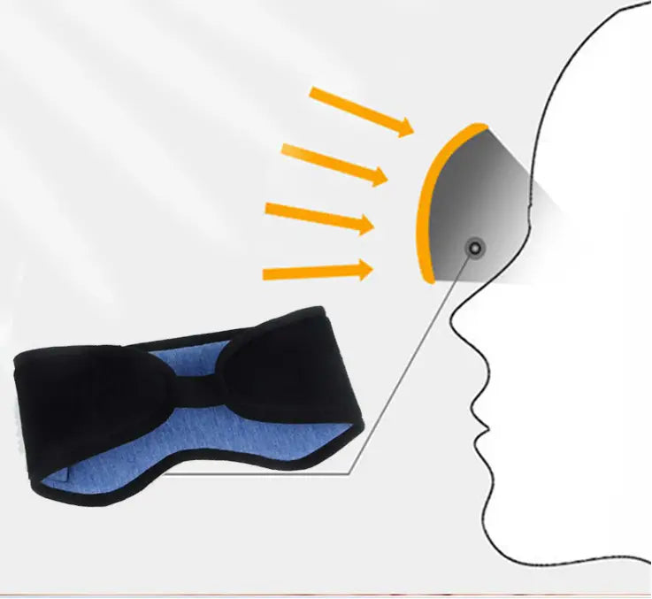 Masque de sommeil en tissu noir et bleu, contouré pour le confort, avec Bluetooth.