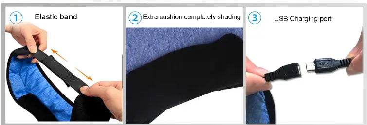 Masque pour les yeux Bluetooth en tissu noir et bleu avec bande élastique, coussinage extra et port USB.