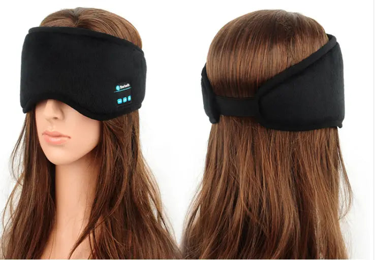 Masque de sommeil en tissu noir avec Bluetooth et boutons de contrôle pour casque Bluetooth.