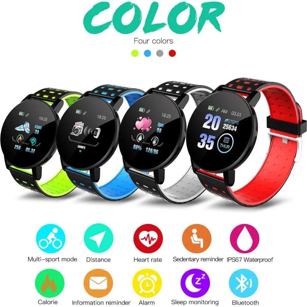 Montre connectée Bluetooth noire ronde avec bracelet silicone sport en vert lime, bleu, gris et rouge.