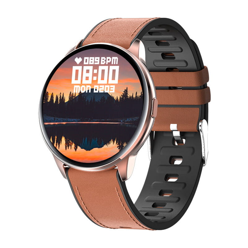 Montre connectée Y90 en cuir marron et silicone noir, cadran sans échelle or rose, écran coucher de soleil