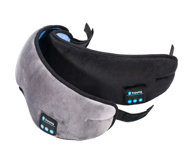 Masque oculaire gris et noir avec commandes Bluetooth pour massage et musique.