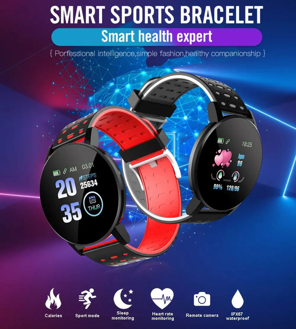 Montre connectée Bluetooth rouge et noire avec affichage circulaire de métriques fitness.
