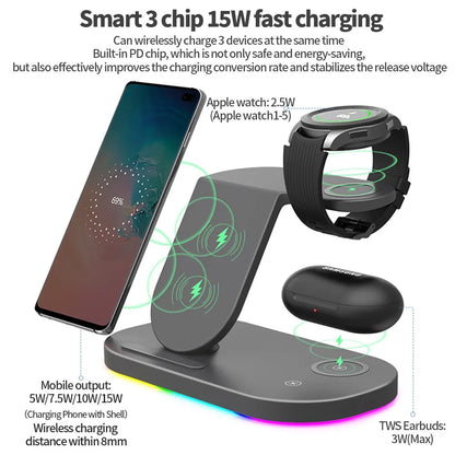 Station de charge sans fil 3 en 1 15W, support de charge rapide pour Samsung Galaxy Watch 4, iPhone 14 13 12 Huawei, Airpods 2