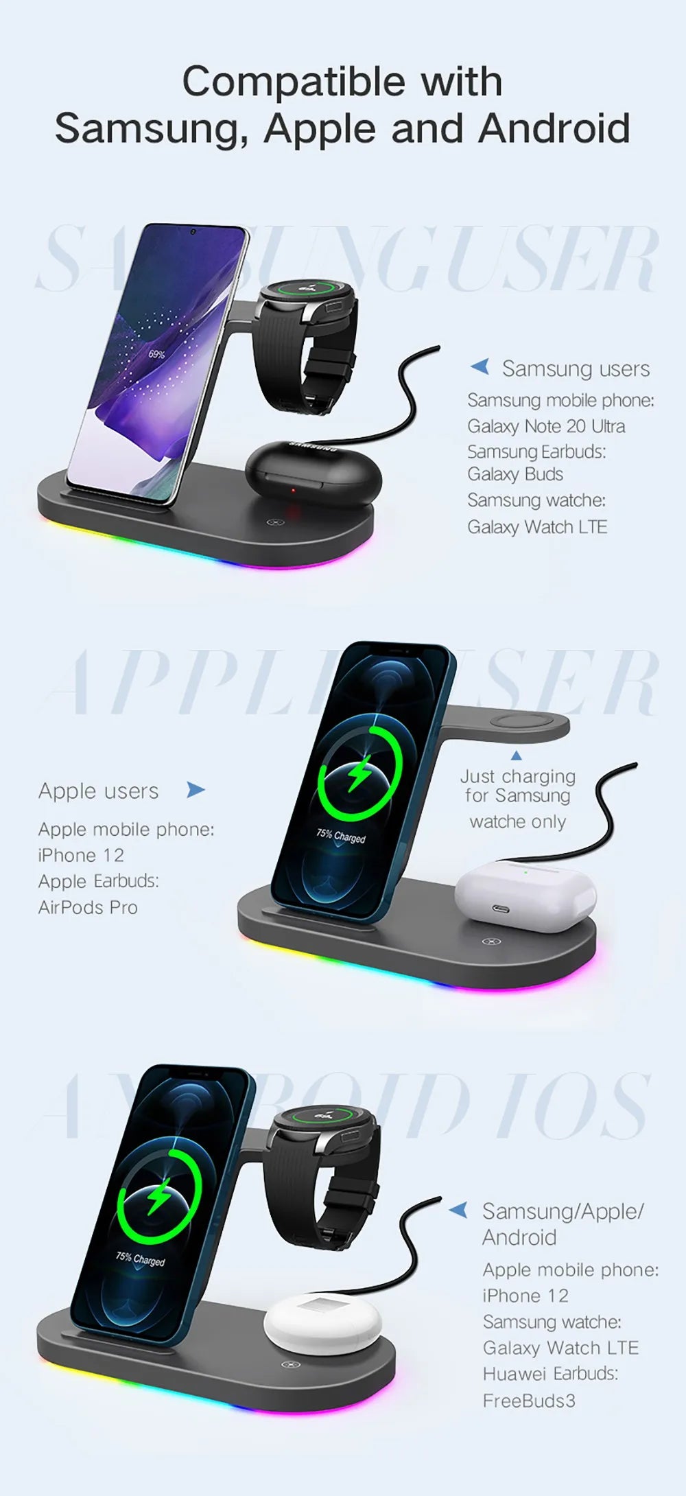 Station de charge sans fil 3 en 1 15W, support de charge rapide pour Samsung Galaxy Watch 4, iPhone 14 13 12 Huawei, Airpods 2