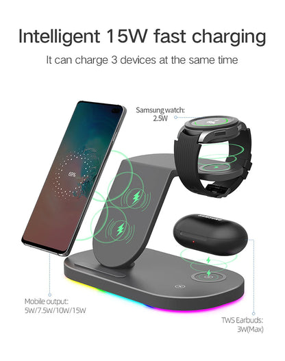 Station de charge sans fil 3 en 1 15W, support de charge rapide pour Samsung Galaxy Watch 4, iPhone 14 13 12 Huawei, Airpods 2