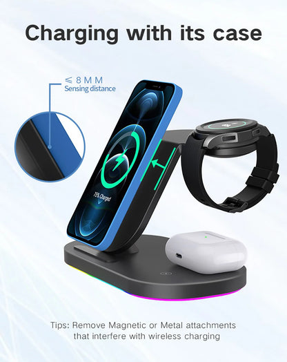 Station de charge sans fil 3 en 1 15W, support de charge rapide pour Samsung Galaxy Watch 4, iPhone 14 13 12 Huawei, Airpods 2