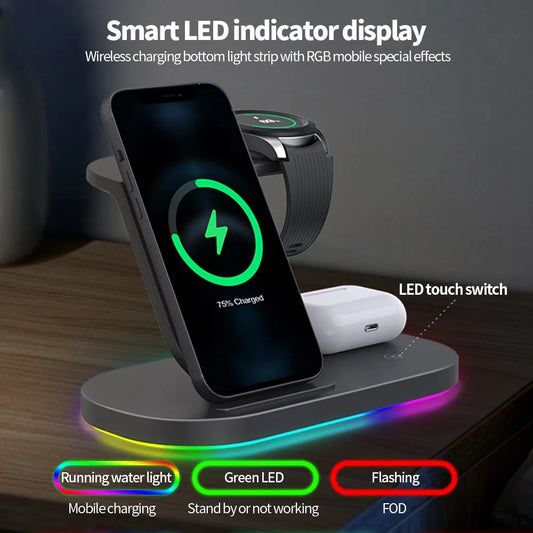 Station de charge sans fil 3 en 1 15W, support de charge rapide pour Samsung Galaxy Watch 4, iPhone 14 13 12 Huawei, Airpods 2
