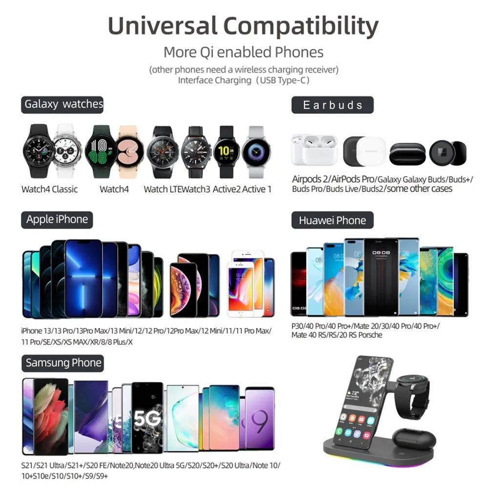 Station de charge sans fil 3 en 1 15W, support de charge rapide pour Samsung Galaxy Watch 4, iPhone 14 13 12 Huawei, Airpods 2
