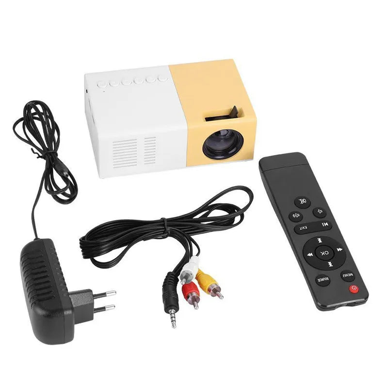 Mini projecteur portable YG300 LED compact blanc et beige pour cinéma maison.