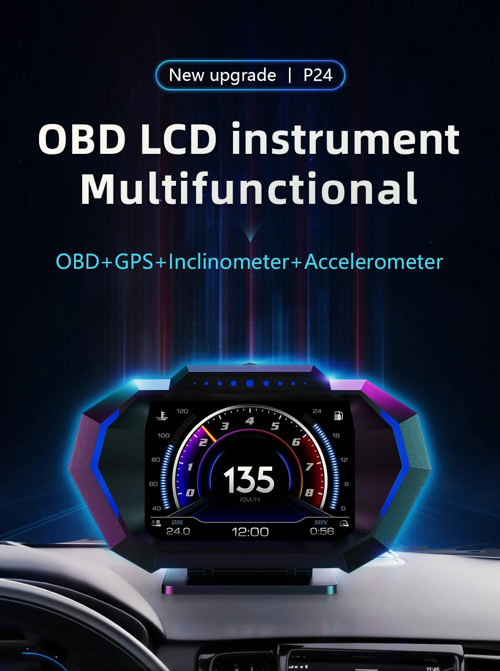 Affichage tête haute OBD GPS HUD P24 pour voiture, conduite unique plug and play.