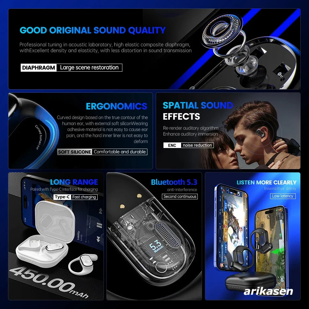 Écouteurs Sport à Crochet Oreilles Libres – Bluetooth 5.3, Basses Renforcées, IPX5