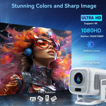 Vidéoprojecteur Mini 1080P Autofocus – 4K, Android, WiFi 6, Bluetooth 5.4, Rotation 360°
