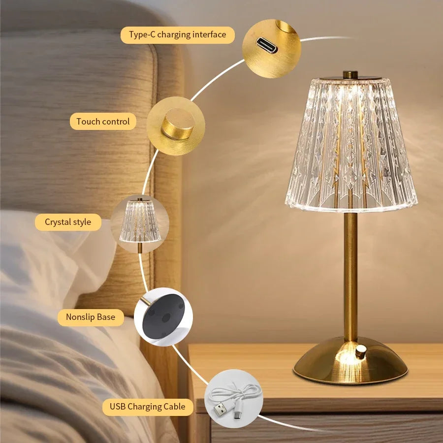 Lampe cristal rechargeable – détails du pied doré