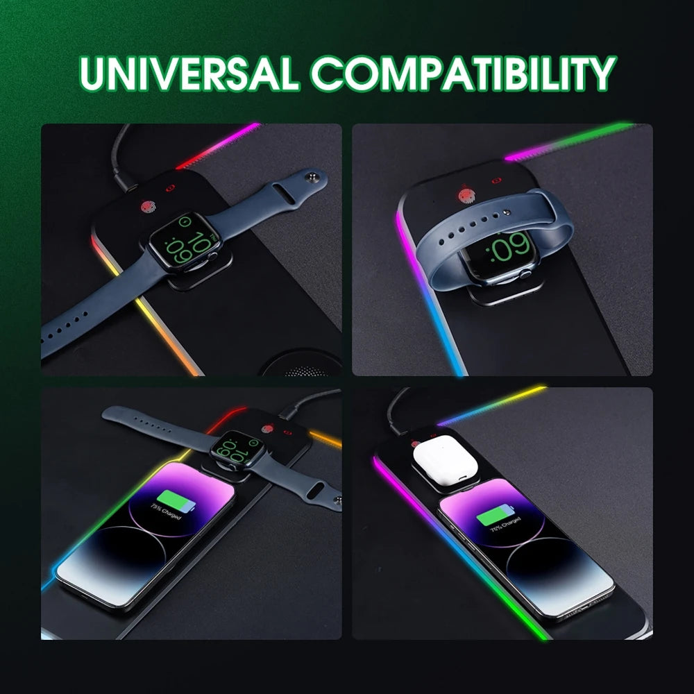 Tapis de Bureau 3 en 1 RGB – Chargeur Sans Fil Intégré (80x30 cm)