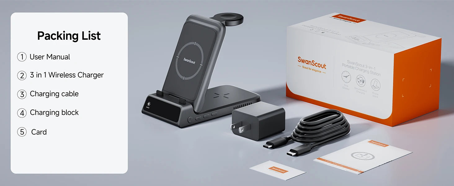 SwanScout 703A chargeur sans fil pour iPhone 17 16 15 14 Station de charge pour Apple Watch 11 10 9 Ultra 3 SE 2