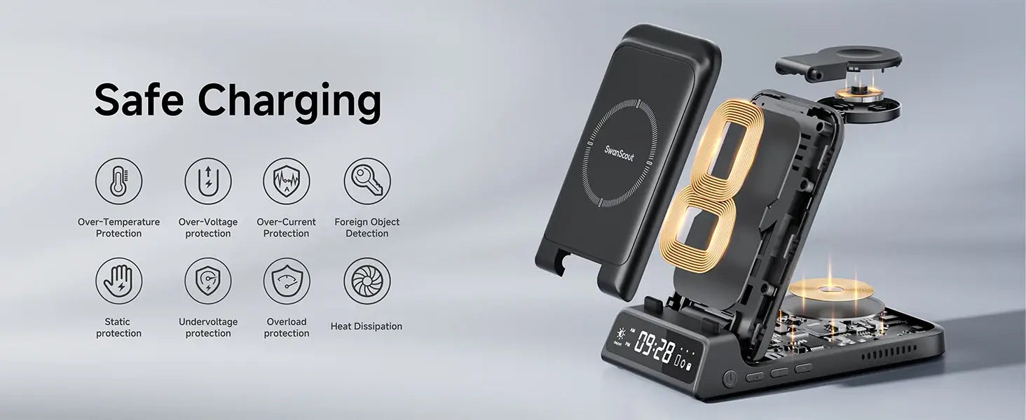 SwanScout 703A chargeur sans fil pour iPhone 17 16 15 14 Station de charge pour Apple Watch 11 10 9 Ultra 3 SE 2