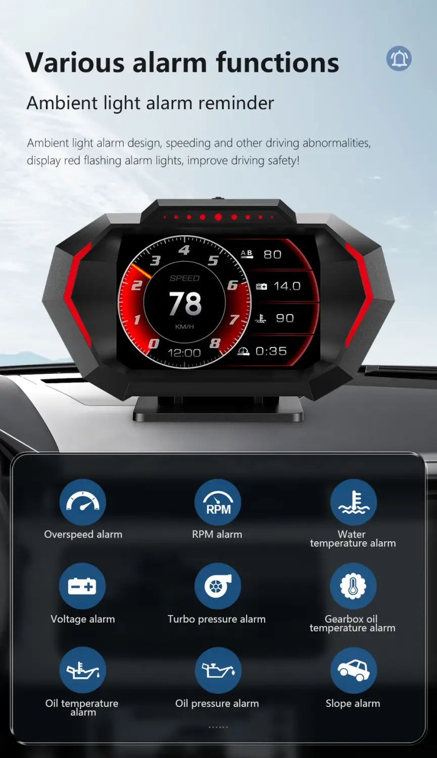 Affichage tête haute OBD + GPS HUD P24 pour voiture compteur de vitesse numérique température de l’eau consommation