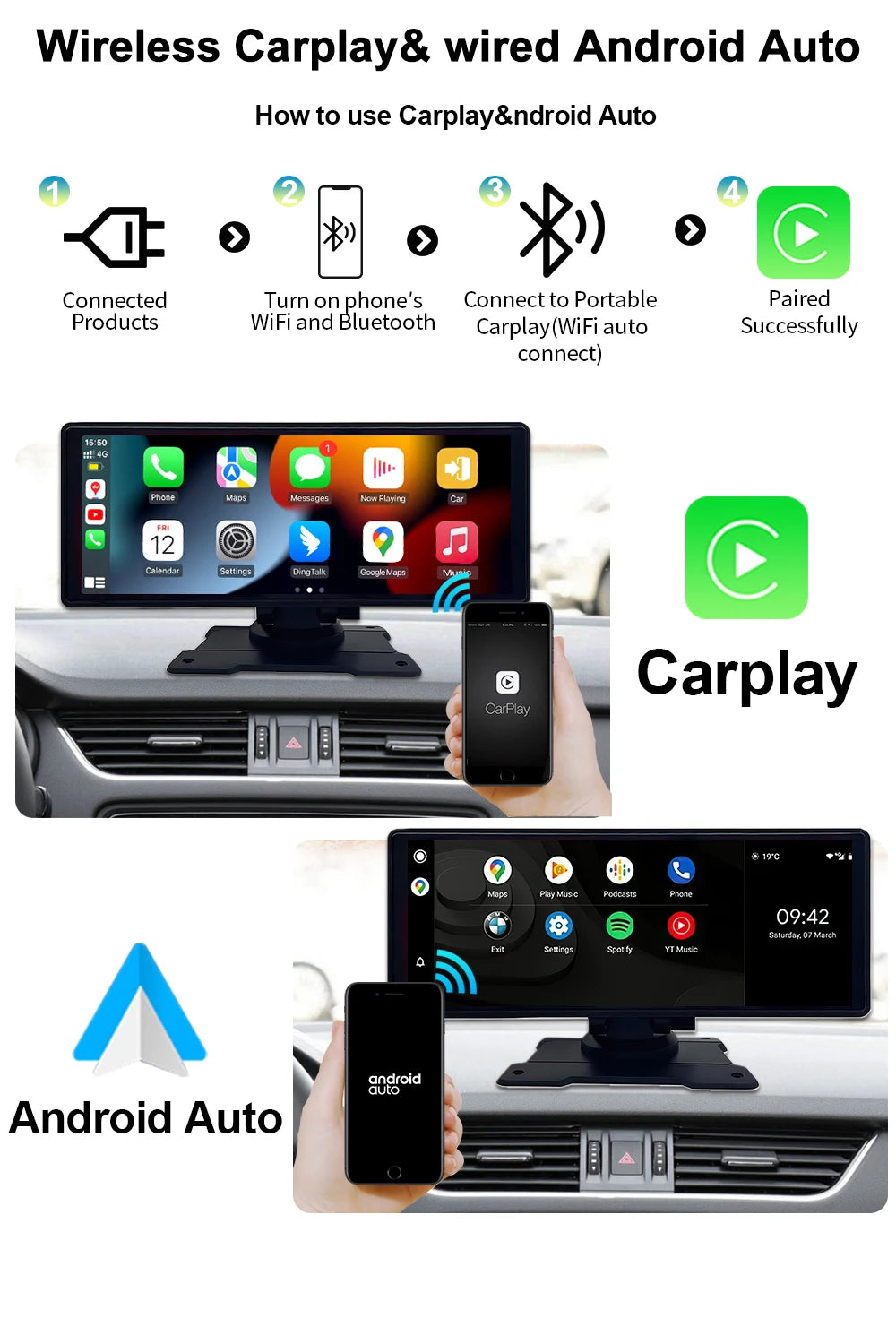 Voiture universelle 10,26’’ intelligente 4K 360 ° Caméra de tableau de bord DVR pour voiture rotative sans fil CarPlay