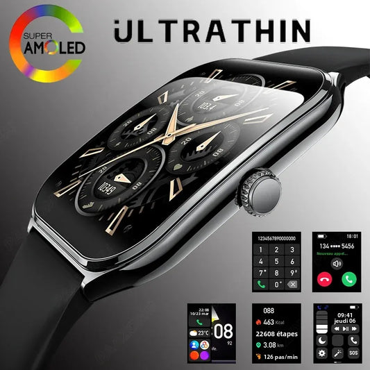 Montre Connectée Ultra-Fine Écran AMOLED 1,96" – Affichage Permanent, Bracelet au Choix