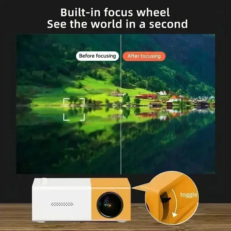 Mini projecteur portable standard YG300 blanc et orange avec roue de mise au point.
