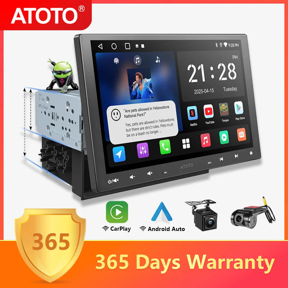 ATOTO Android autoradio 10 pouces simple 1 Din sans fil Apple CarPlay Android Auto écran 1Din autoradio lecteur