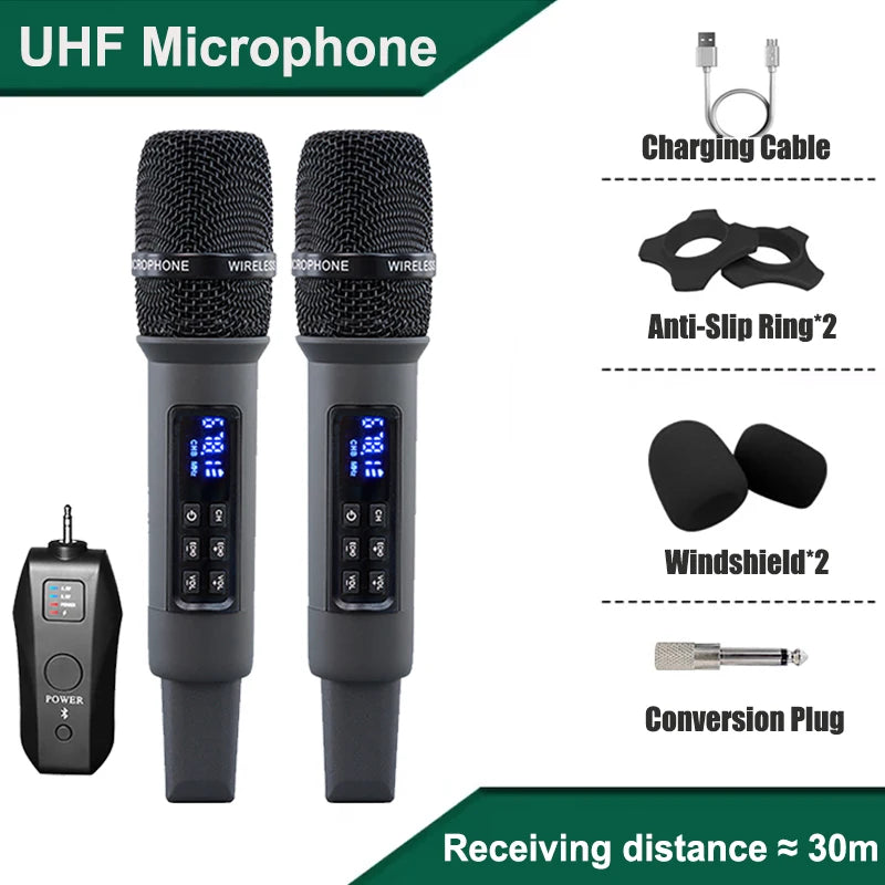 Micro Karaoké Sans Fil UHF – Récepteur Bluetooth, Réverbération et Réglage Basses/Aigus