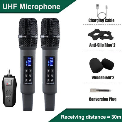 Micro Karaoké Sans Fil UHF – Récepteur Bluetooth, Réverbération et Réglage Basses/Aigus