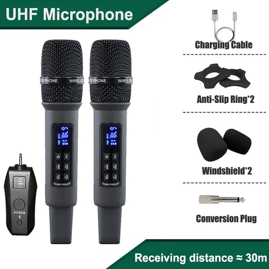 Micro Karaoké Sans Fil UHF – Récepteur Bluetooth, Réverbération et Réglage Basses/Aigus