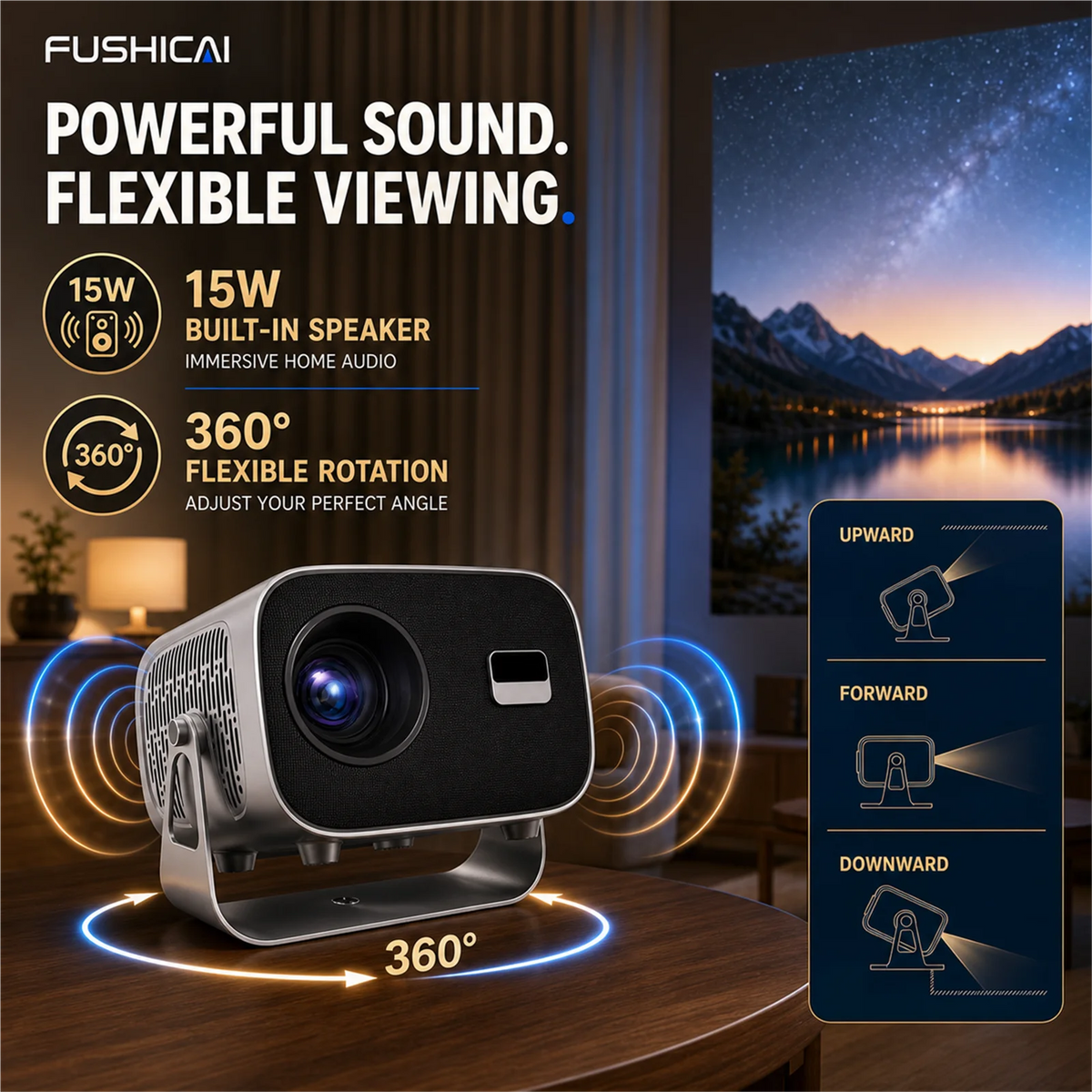 Vidéoprojecteur Rotatif 360° Autofocus – Android 14, 900 ANSI, WiFi 6, Haut-Parleur 15 W
