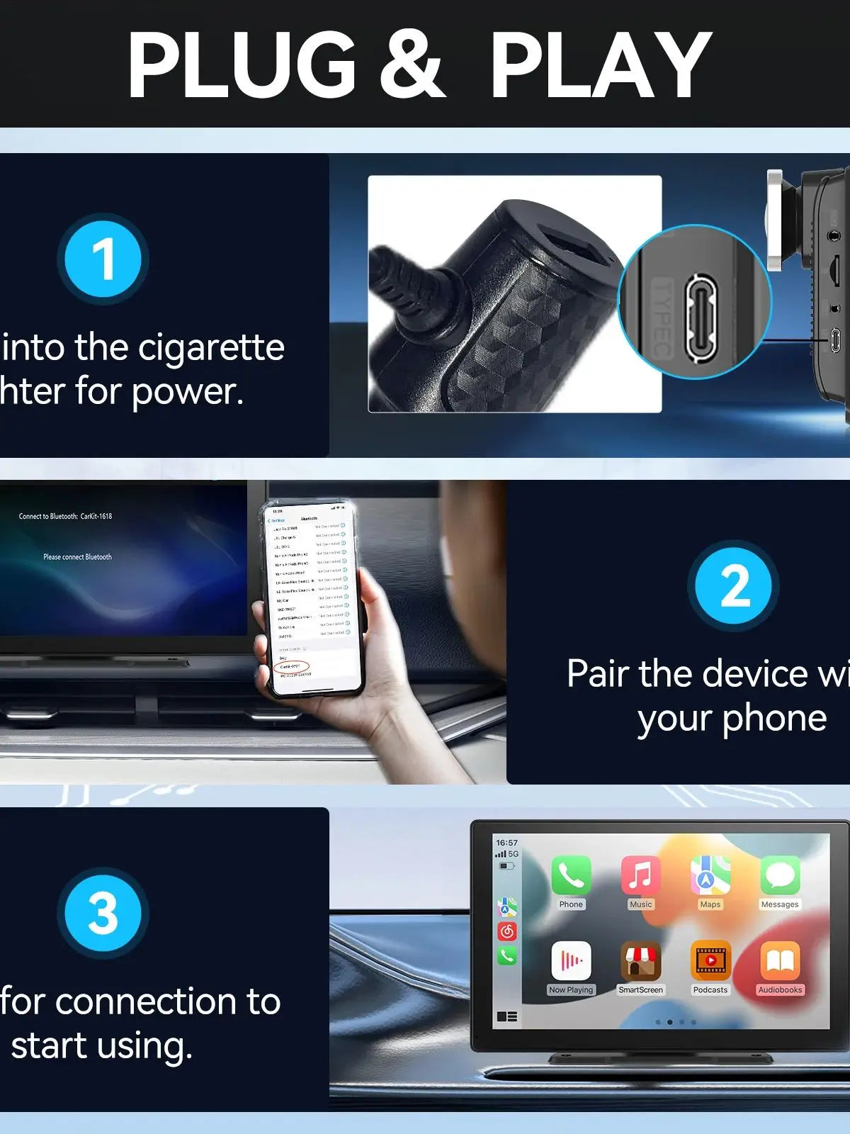 Adaptateur audio voiture Carplay portable avec USB-C, écran tactile sans fil